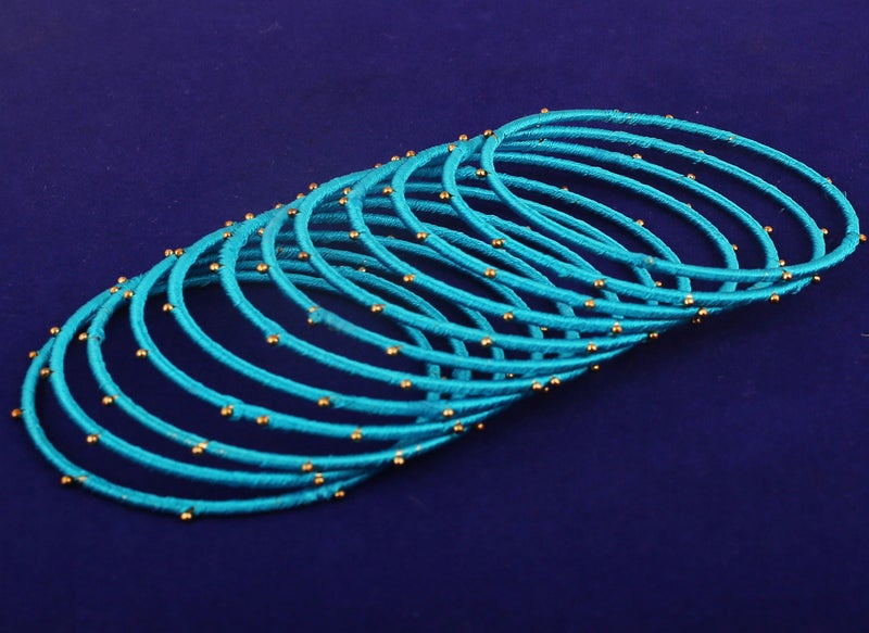 Touchstone NEW Silk Thread Bangle Collection Indian Bollywood Handcrafted Faux Silk Thread Exotic Look Handcrafted Golden Beads Turquoise Blue Designer Bangle Bracelets Set of 12 For Women. - Image 3
